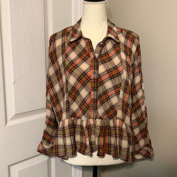 Free People Brown/Tan Plaid Button Up Blouse Size M - Picture 2 of 3
